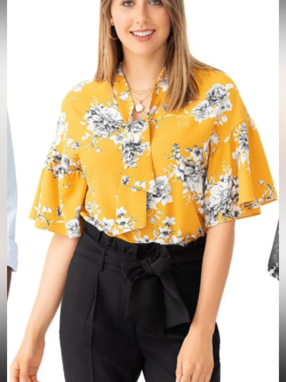 Suzi Shier Floral Tie-Neck Ruffle Sleeve Top - Mustard NWOT